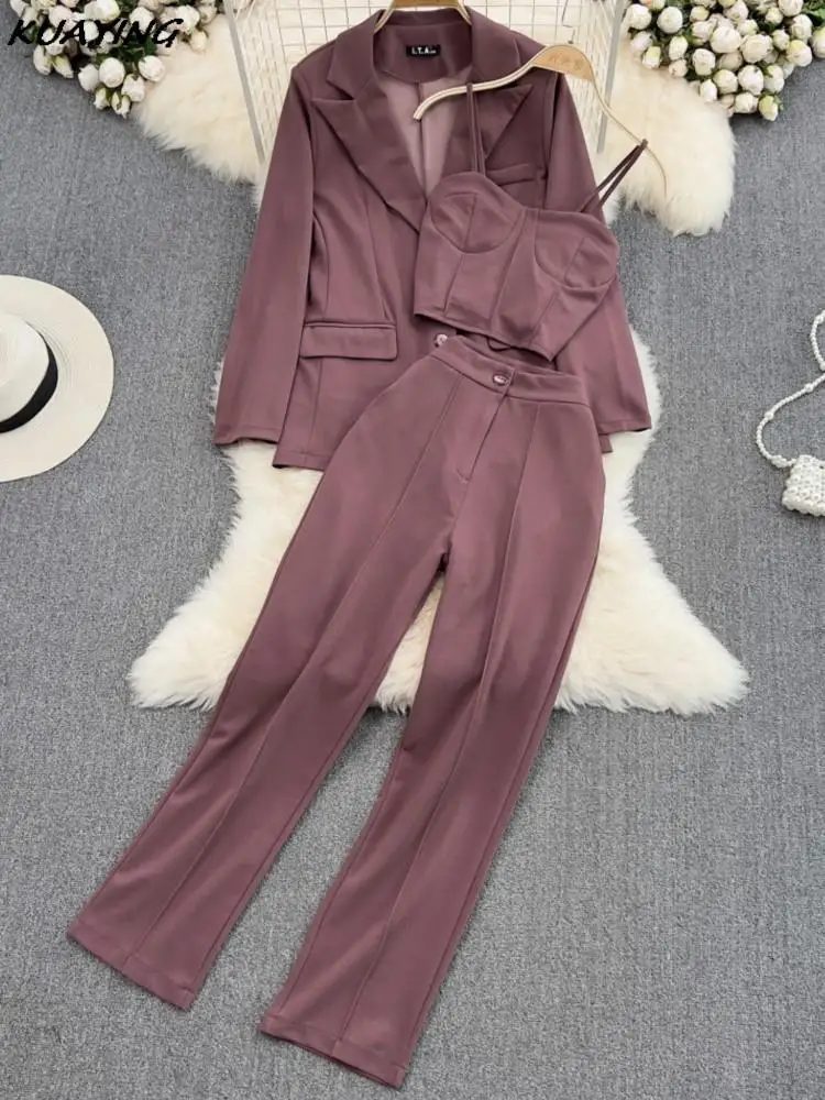 Women Office Suit Loose Blazer Jacket Vintage Spaghetti Strap Vest High Waist Casual Pants Formal Female Trousers 3 Pieces Set