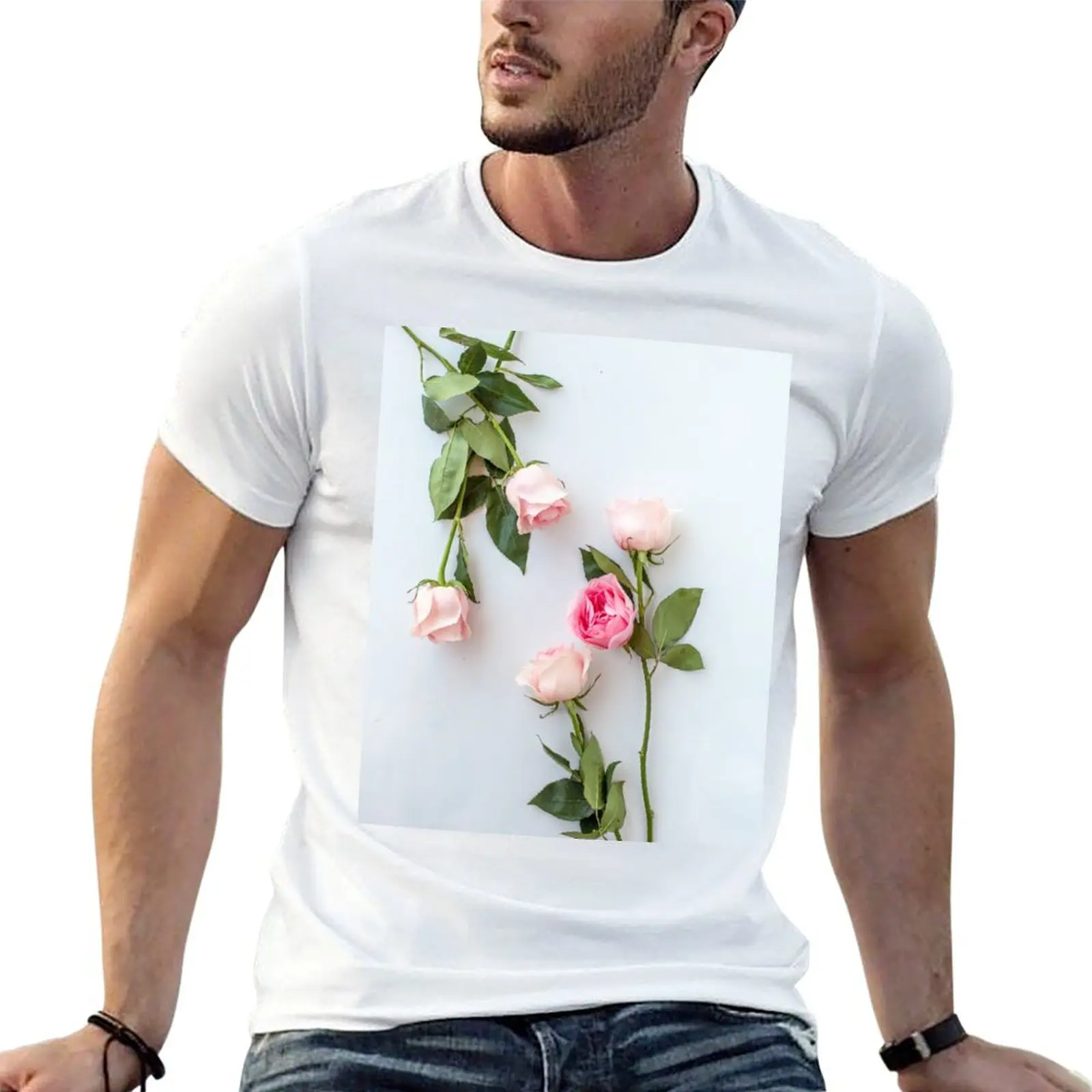 Blush Pink Roses T-Shirt Trendy Pattern T-Shirt for Men
