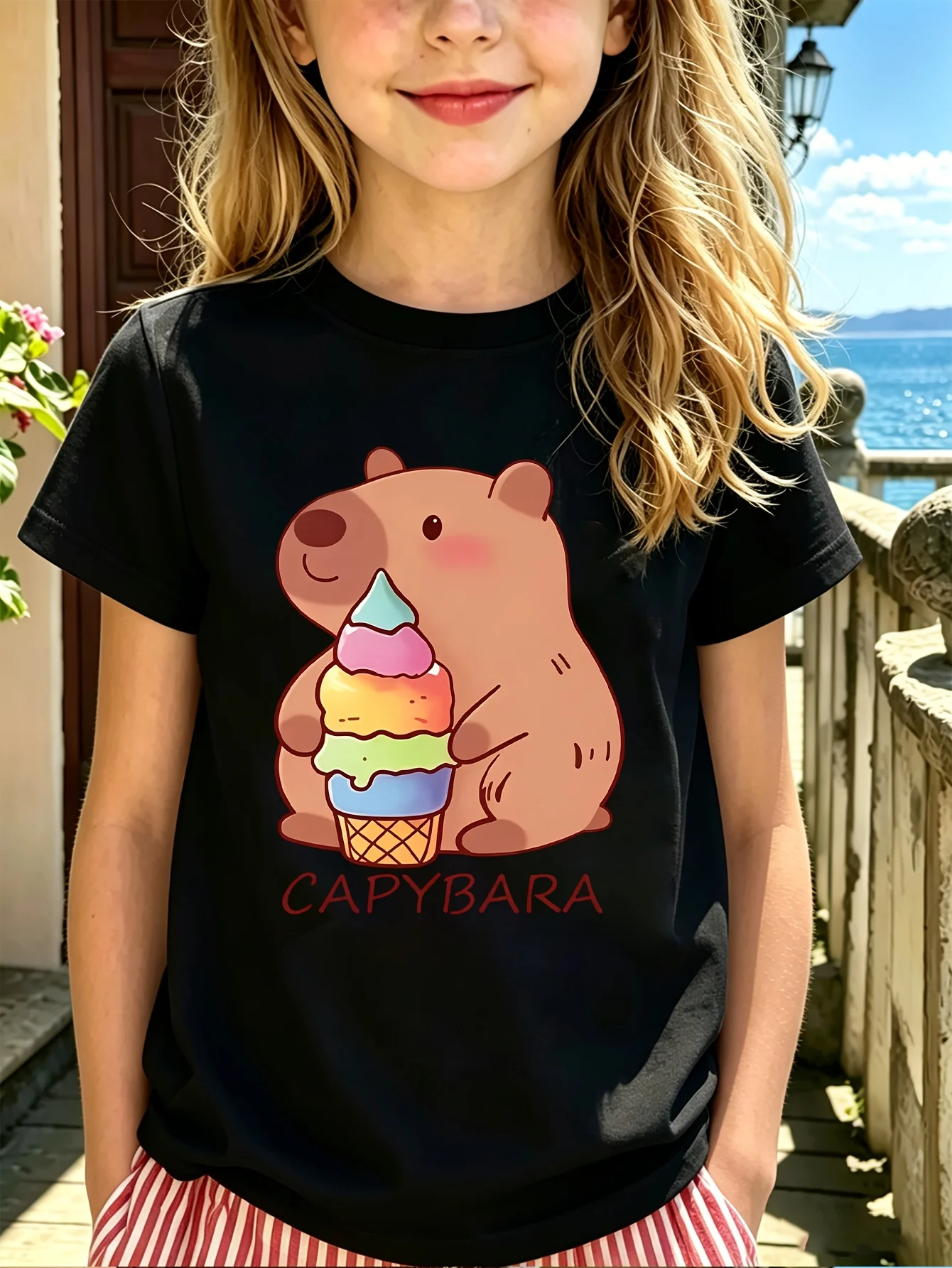 Kids Family Matching T Shirt Cute Capybara Rainbow Ice Cream Print Short Sleeve Cotton Tops For Boys Girls Daily Casual Outfit