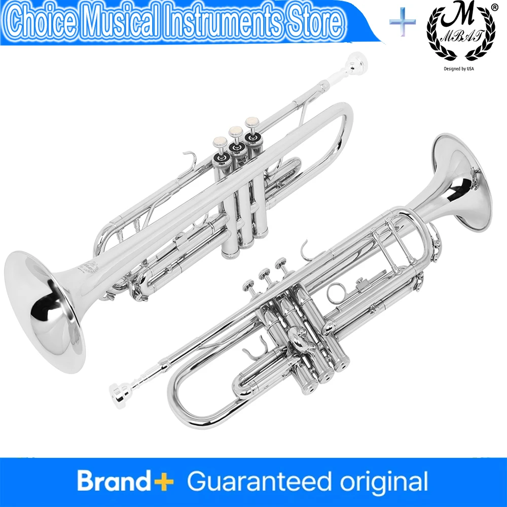 M MBAT Bb Pure Sliver Trompete Messingkörper Vergoldetes B-Flachtrompetenset für Performance-Anfänger Blechblasinstrument mit Teilen