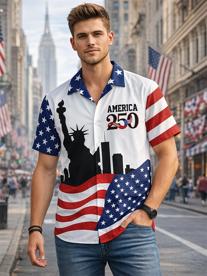 Men Hawaiian Shirt America 250 1776–2026 Vintage Patriotic Shirt Summer Fashion America Celebration Button Down Beach Shirts New