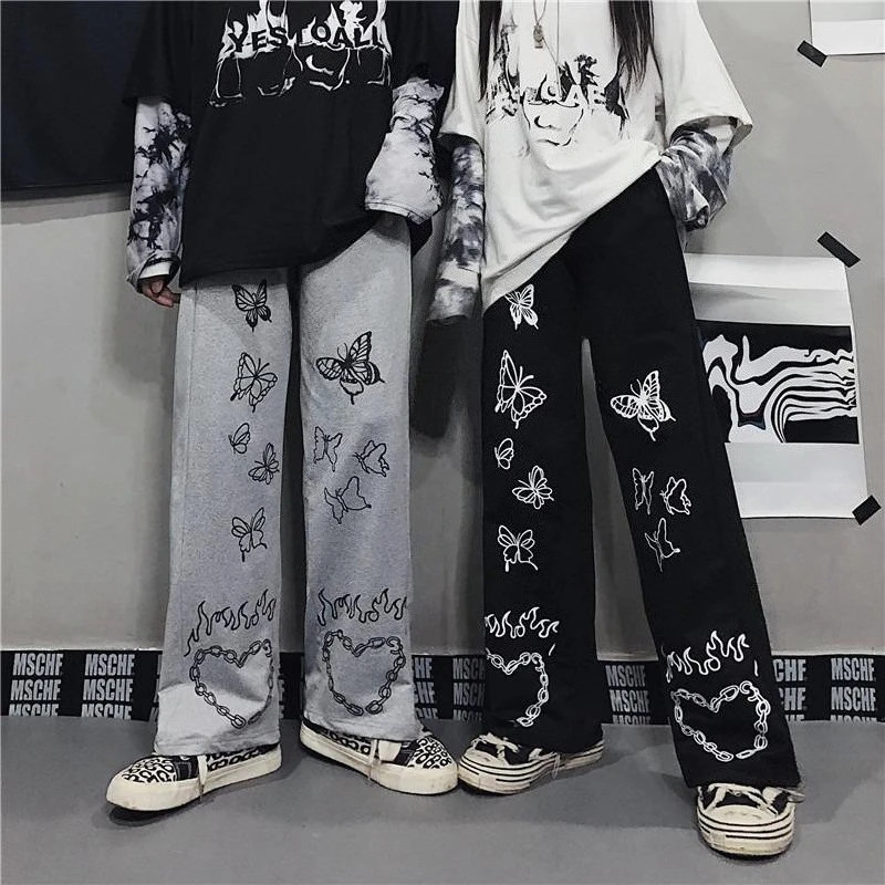 

Retro Butterfly Print Hip-hop Pants, Wide Leg Pants, Casual Pants, Comfortable Warm Pants for Autumn and Winter