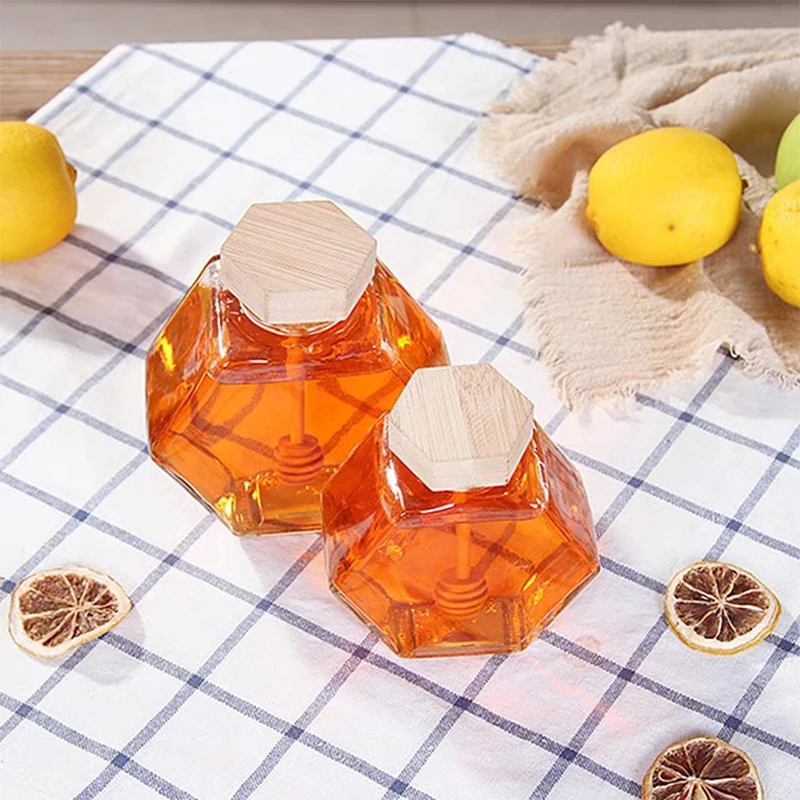 Hexagonal Glass Honey Bottle With Wooden Honey Pot Stirring Rod Sealing Clear Jam Jar Kitchen Home Storage 100ML/220ML/380ML