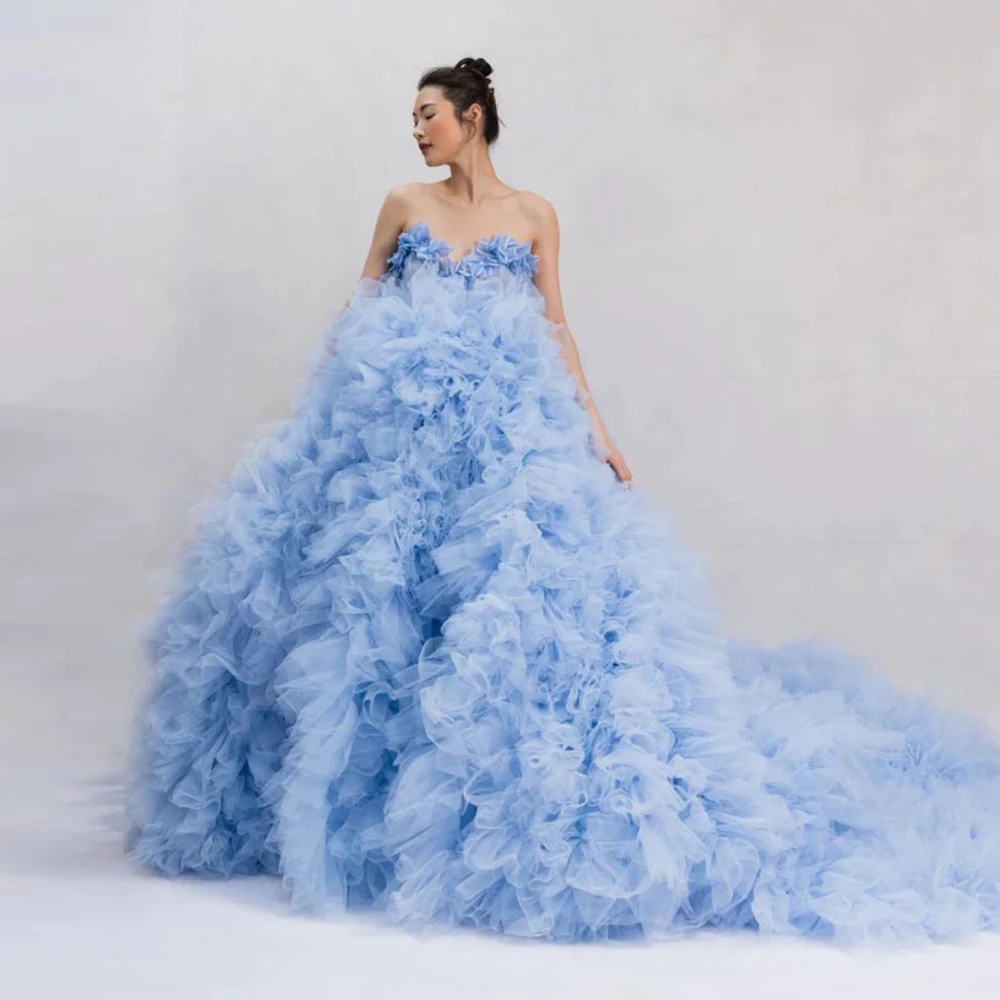 Baby Blue Applique Floral Ruffled Layered Tulle Ball Gown Fluffy Evening Dresses With Long Train Open Back Ever Pretty Elegant