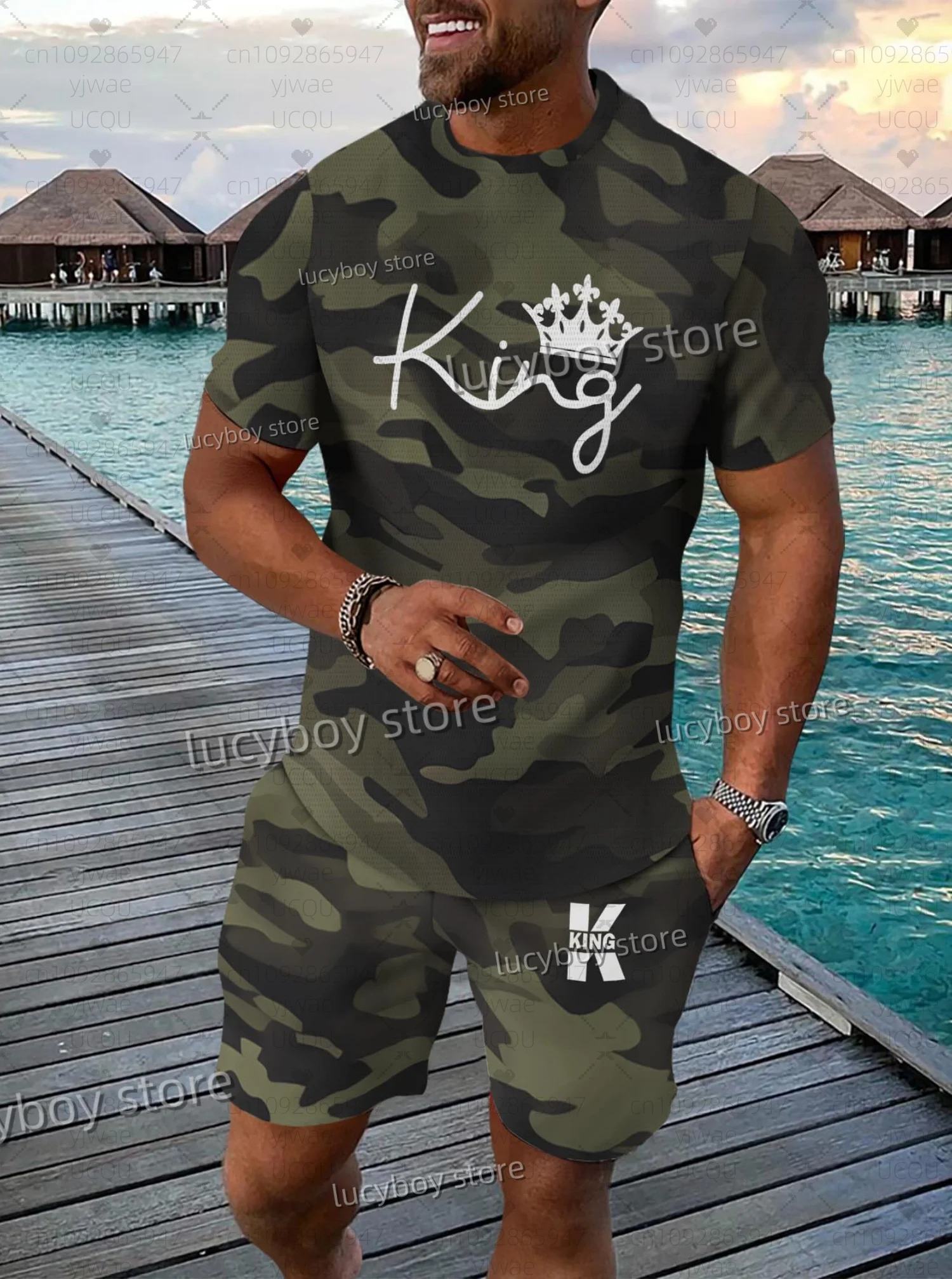 

Летний мужской комплект с 3D камуфляжным принтом KING, футболка с короткими рукавами и шортами, спортивный костюм для бега для взрослых, спортивный костюм больших размеров, комплект из 2 предметов