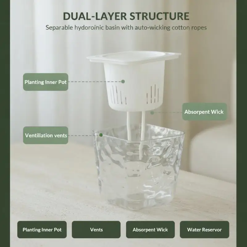 Thickened Clear PET Self Watering Plant Pot Glacier Texture Shatterproof For Indoor Houseplants Home Decor