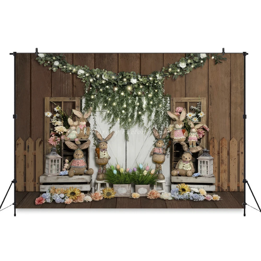 Retro Easter White Barn Bunny Background Photo Wooden Door Cake Smash Kids Party Decor Spring Grass Rabbit Flower Backdrop