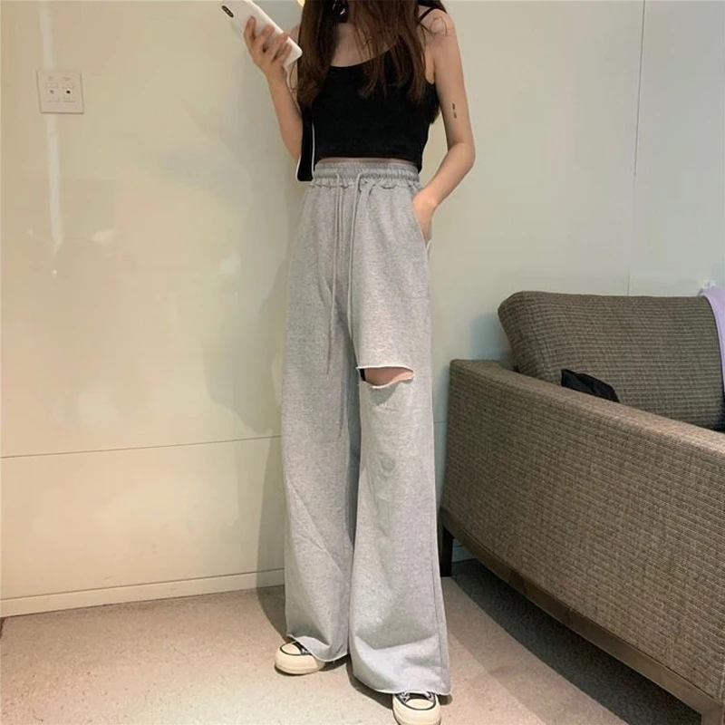 

Summer New Solid Loose Broken Trousers Lacing Elastic Waist Simplicity Wide Leg Pants Casual Fashion Trend Women Clothing