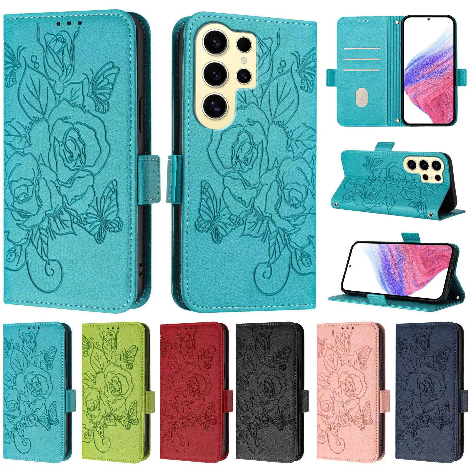 Funda tipo billetera de cuero con flores para Samsung Galaxy S25 S24 Ultra S23 S22 S21 S20 FE S10 S9 S8 Note 20 10 Plus Flip Cover