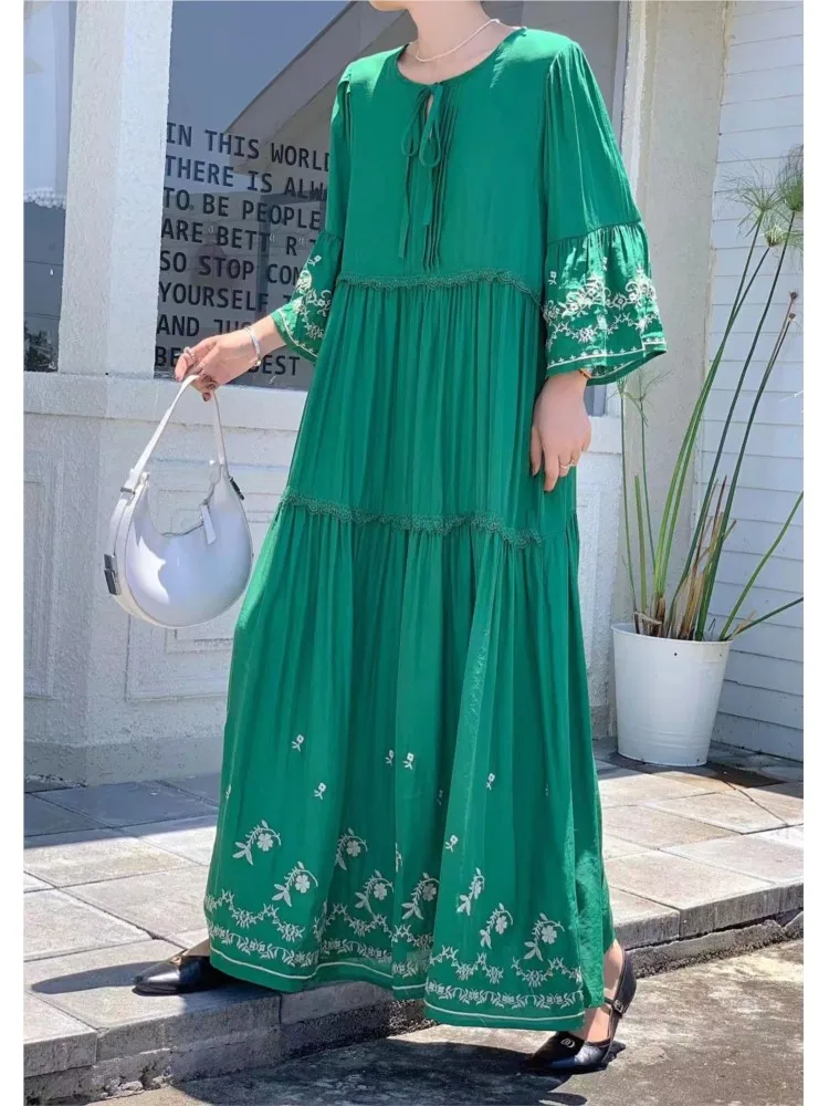 Abito lungo estivo a trapezio da donna ricamato moda volant patchwork pieghettato abiti larghi da donna abito da donna in stile coreano