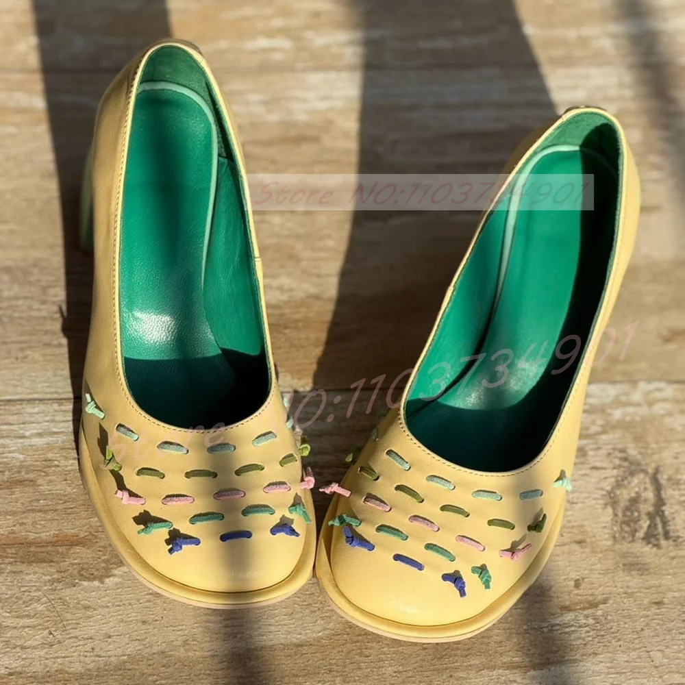 Colorful Sewing Stitches Block Heel Pumps Women T-Bar Buckle Round Toe Leather Velvet Pumps Mary Jane Shoes