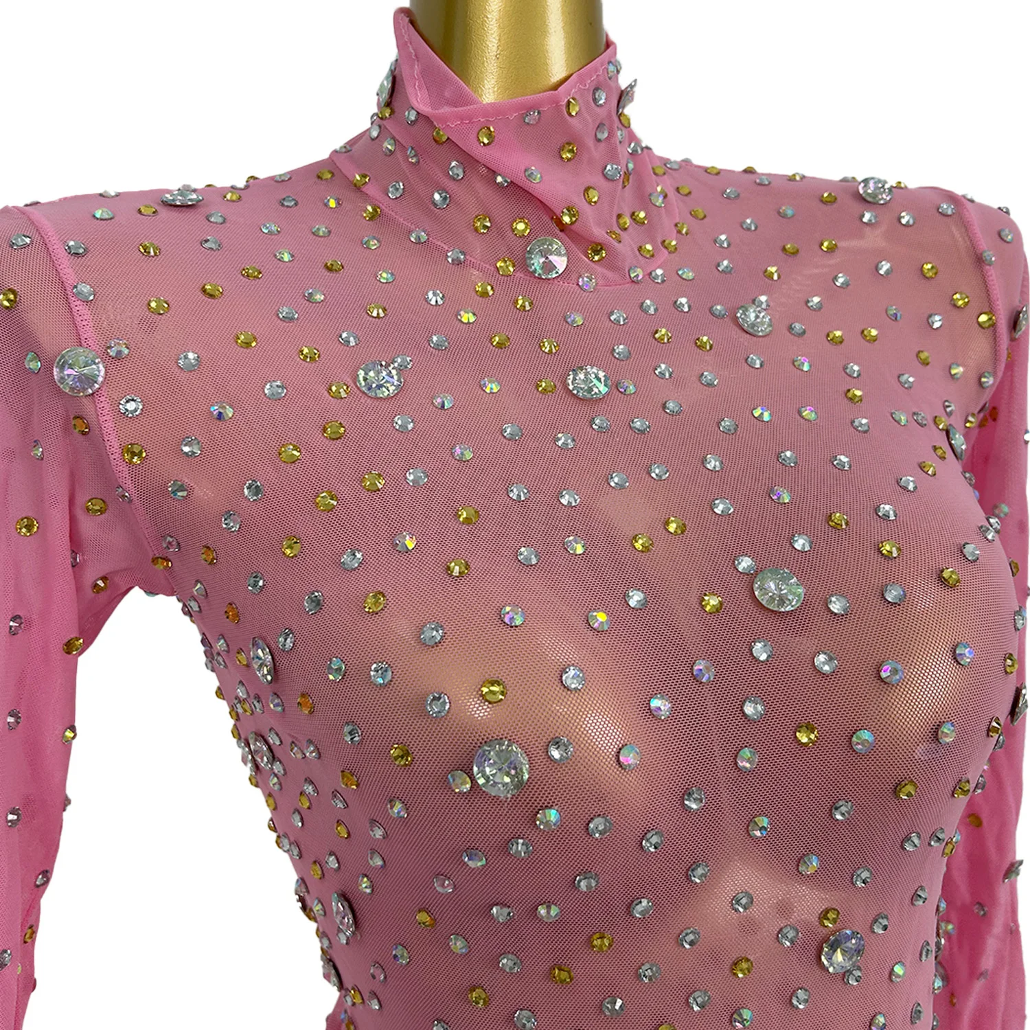 Vestido plisado de malla transparente con cristales brillantes para mujer, disfraz de espectáculo para discoteca, fiesta de cumpleaños, Showgirl, ropa Sexy para escenario de baile