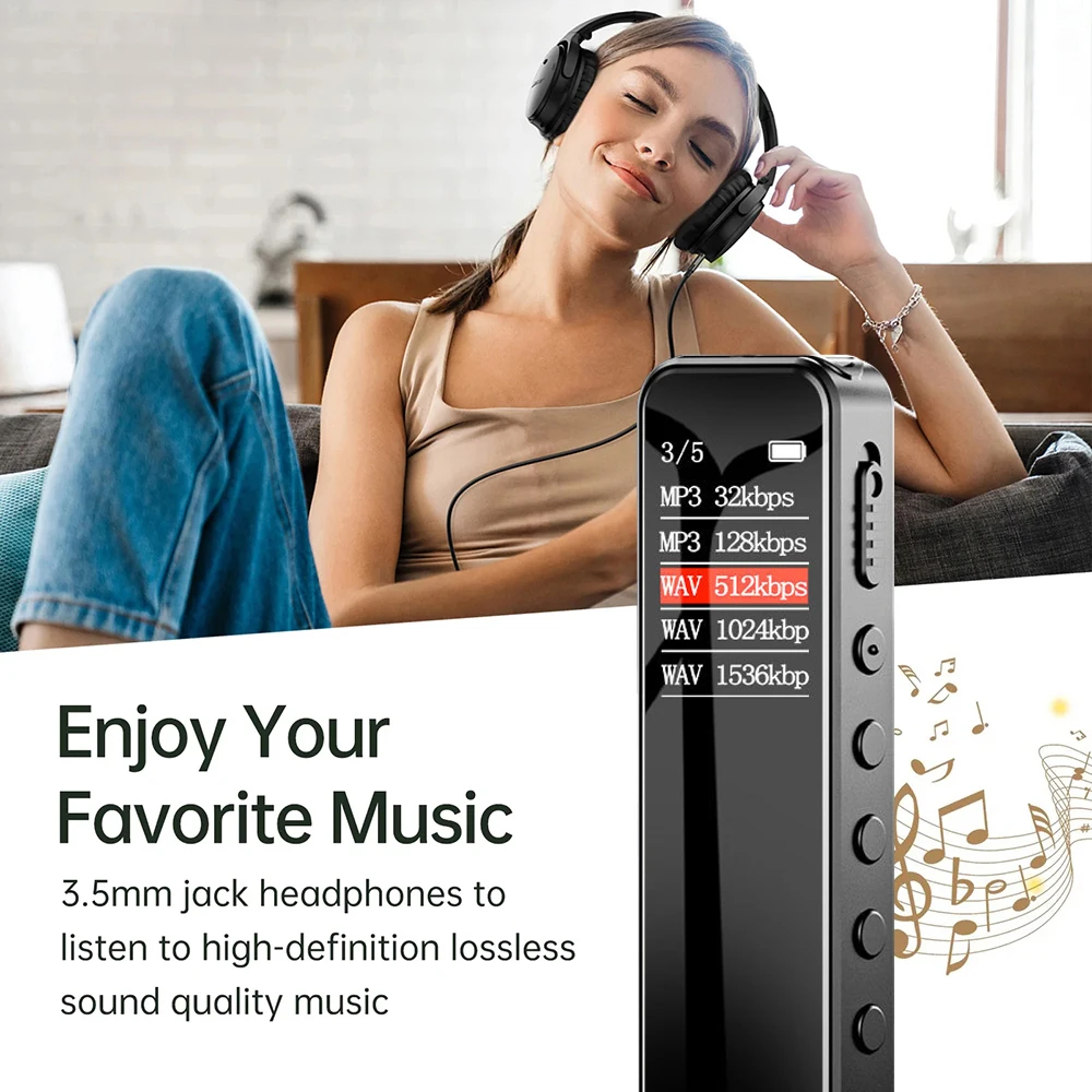 مسجل صوت رقمي محمول شاشة ملونة مشغل موسيقى MP3 مع ميكروفون، مسجل موقت مع تسجيل صوتي 1536 كيلوبت في الثانية للعمل