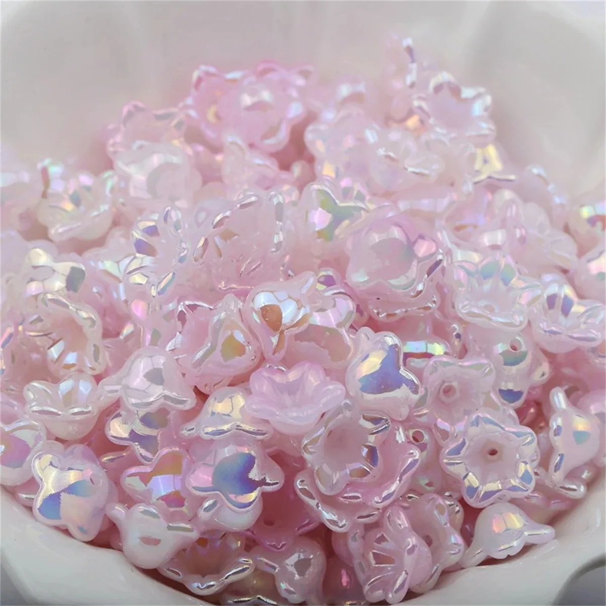 ZW11 30pcs 7x13mm Gradual Plating Color Change Acrylic Bellflower Bead Caps Jewelry Charms Bracelets Spacer Beads Accessories