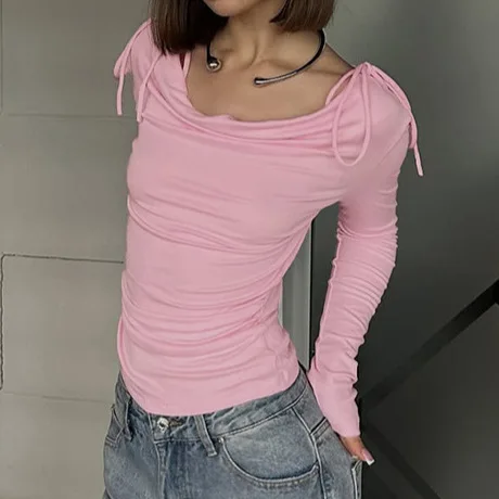 

Осенняя женская футболка с гофрированным принтом и квадратным вырезом, облегающие футболки со шнуровкой на талии для женщин, повседневная женская футболка с напуском стиле