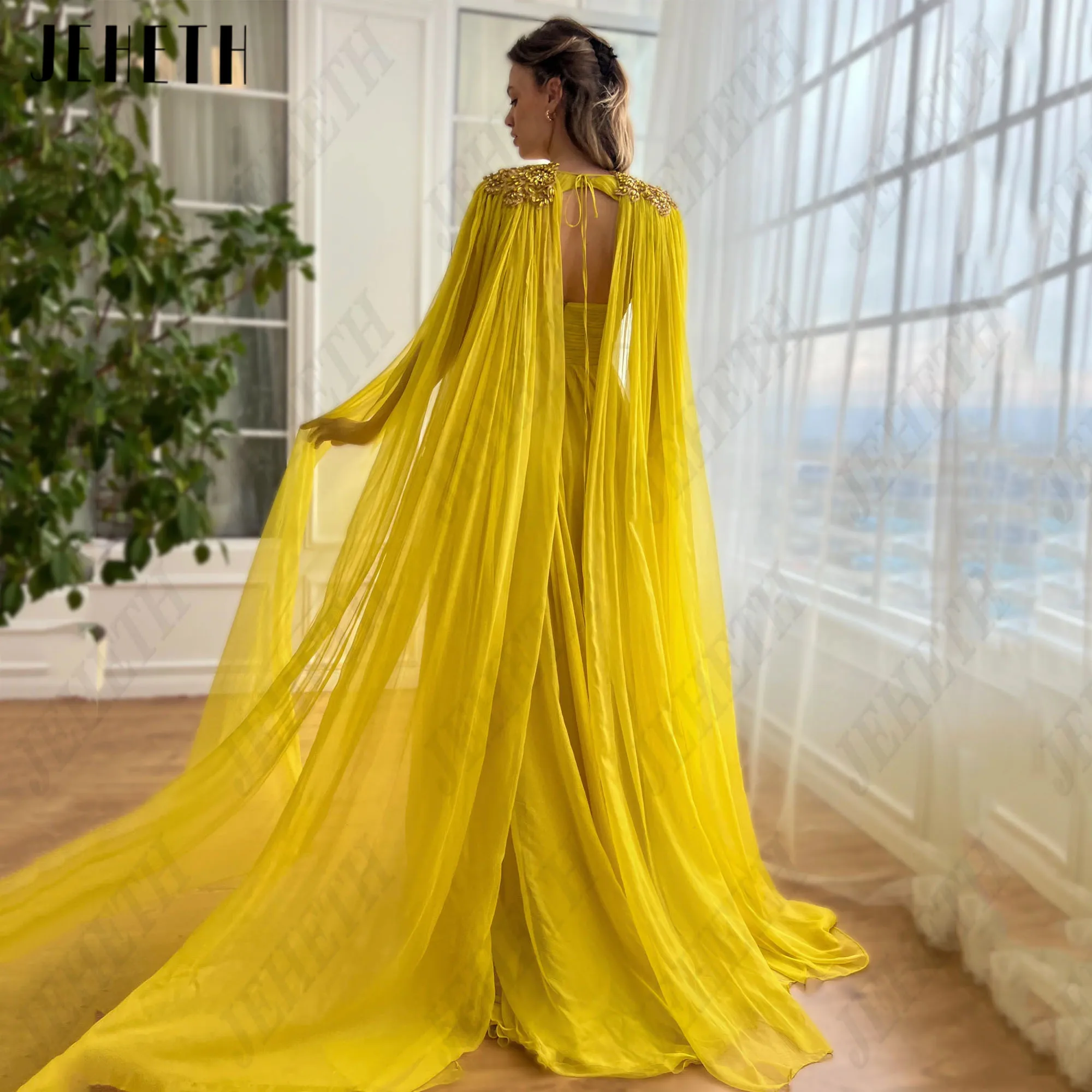 JEHETH Chiffon A-Line Prom Dress With Jacket Sweetheart Side Split Party Gowns Sleeveless Applique Backless Vestidos De Fsta