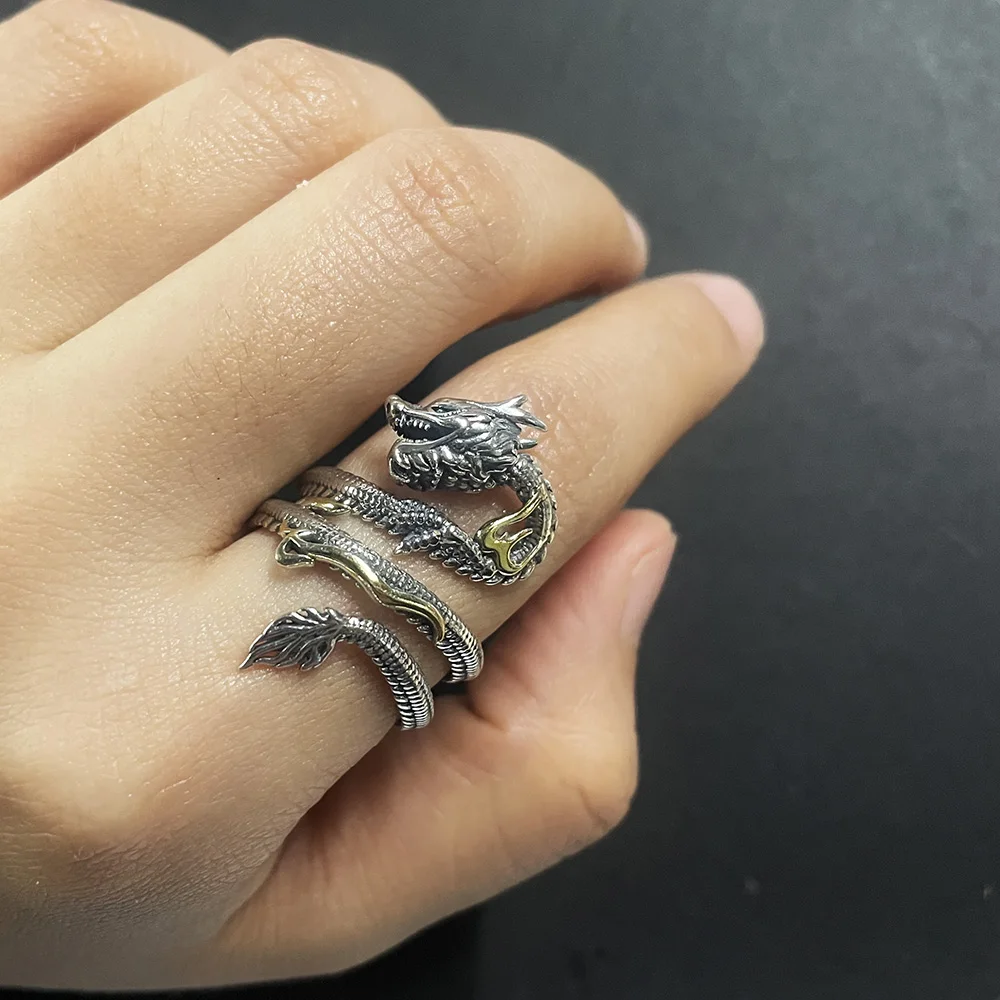 Real Solid 925 Silver Animal Dragon Ring Vintage Men\'s Opening Size Adjustable Personalized Men\'s Zodiac Jewelry