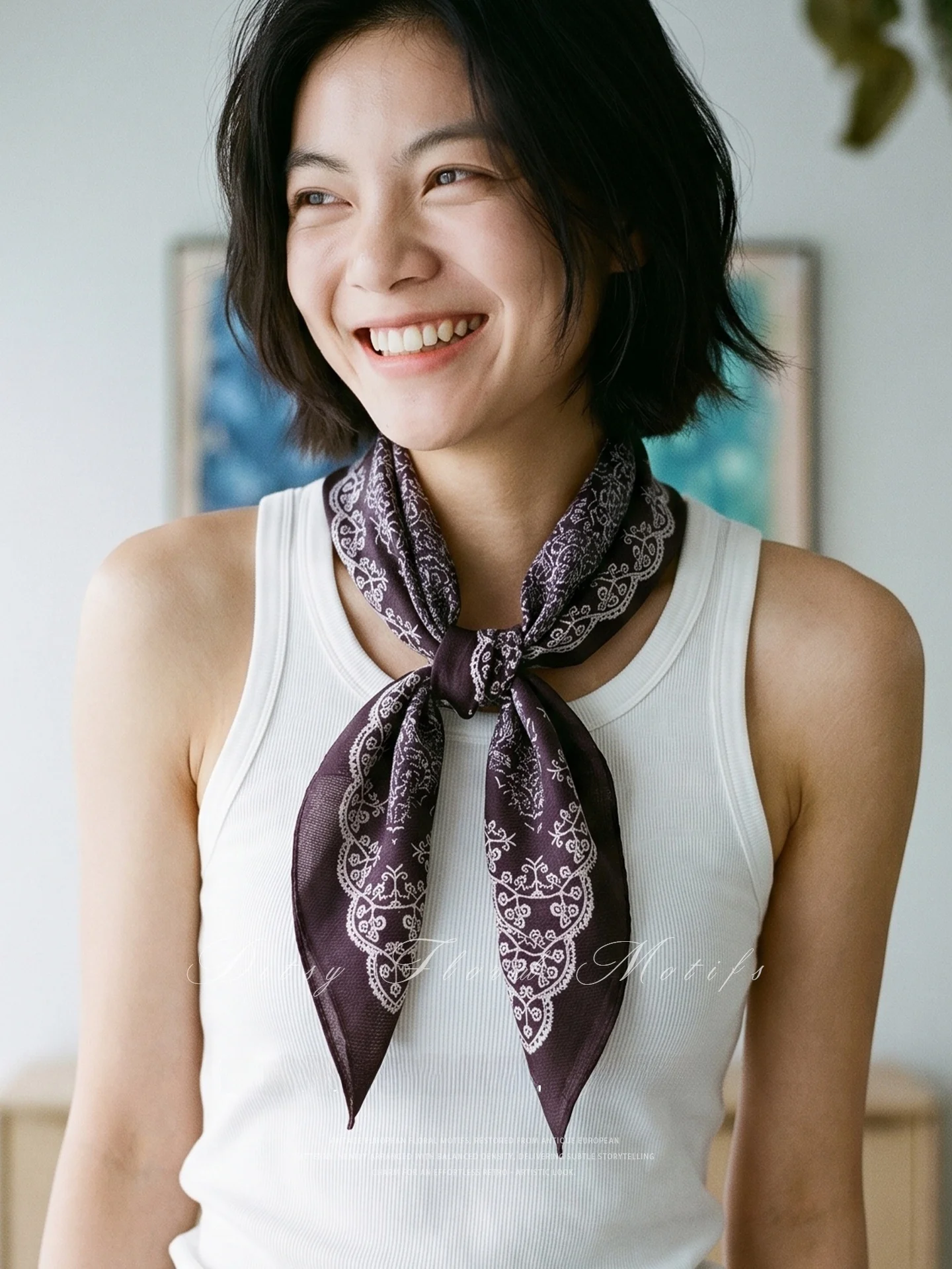 Versatile Silk Woolen Scarf European Floral Diamond Shape Long Necktie Autumnal Women's Fashion Accessory Casual Leisure Style