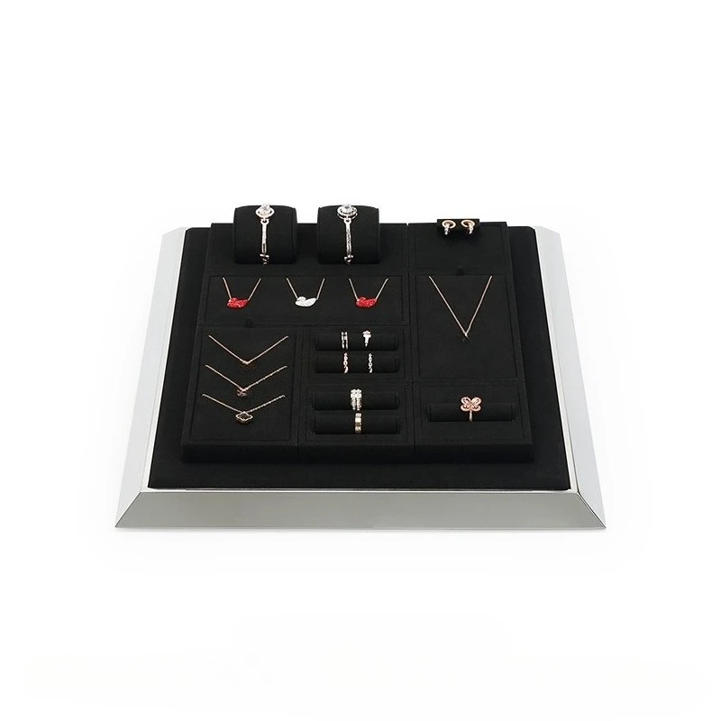 Jewelry display tray, black counter display stand, slanted metal frame, necklace, ring, bracelet display prop