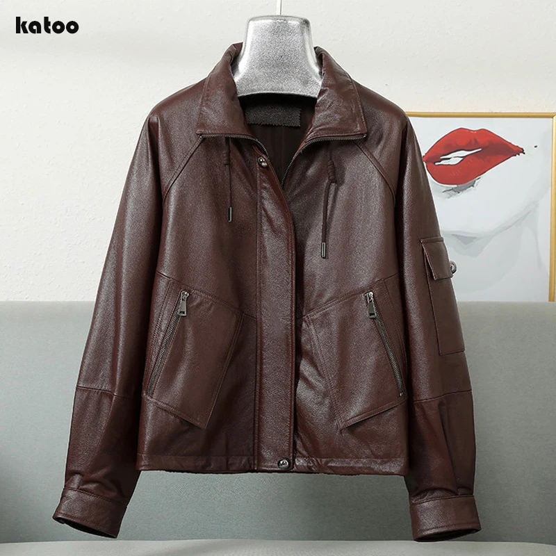 Genuine Leather Jacket Autumn Women Korean Version Loose Lapel Drawstring Batwing Sleeve Zipper Pocket Fashion Cow Leather Coat
