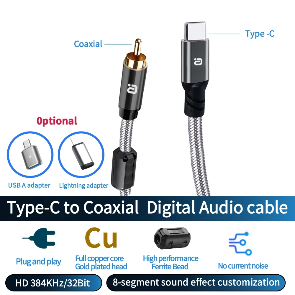 Type C to Coaxial Cable Male Type-c To Digital RCA Audio Adapter Wire Spdif for DAC Decoder Amplifier  Sound Preamp 384K/32Bit