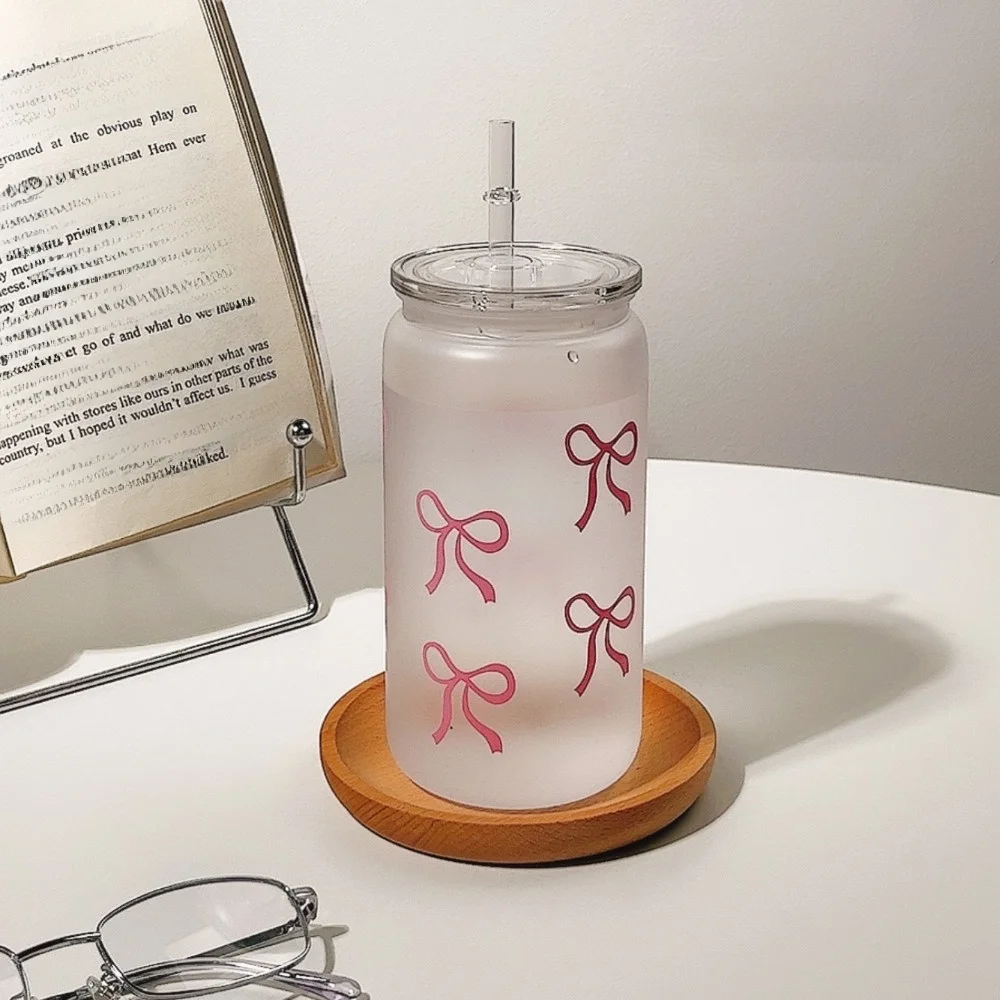 

New Transparent Coffee Cup Bowknot Plastic Straw Mug 500ml with Lid Water Bottle