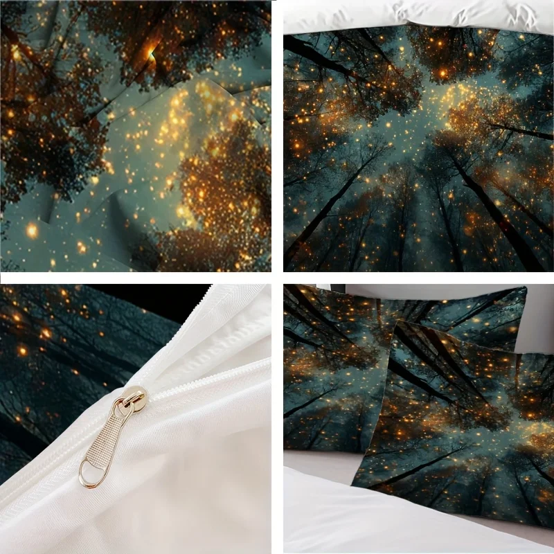 Starry Sky Forest Duvet Cover Set with Pillowcase Duvet Cover Set Multi Size Quilt Cover Queen Size Bedroom Bedding Decoration Machine Washable Adult Boy Girl Bedroom