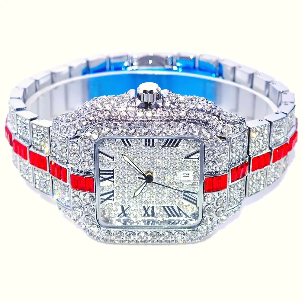 2025 ساعة مثلج فاخرة للرجال موضة الأزرق الماس كوارتز ساعة اليد مان الهيب هوب بلينغ بلينغ ساعات مجوهرات هدية Reloj Hombre