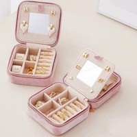 Velvet Portable Travel Jewelry Box Double Layer Organizer Storage Case with Mirror for Women Gift Suitable for Rings Earrings