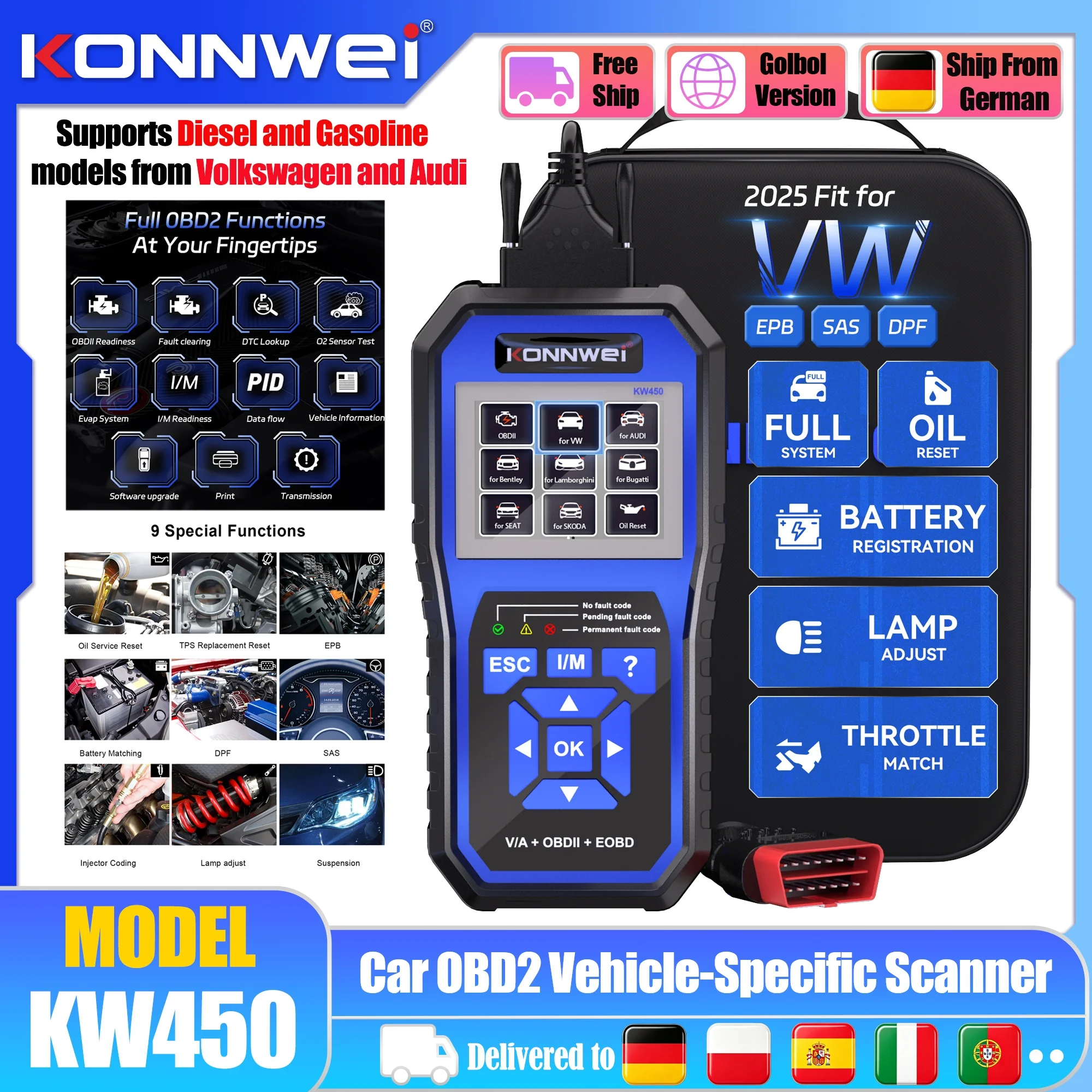 KONNWEI KW450 VAG OBD2 Scanner, vollständiges System-Diagnosegerät für VW, Audi, Skoda, Seat, ABS, EPB, Ölrückstellung, Batterieprüfung, DPF, SAS, Codeleser