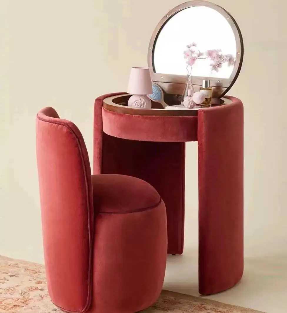 Luxury vintage antique upholstered makeup dresser with foldable mirror and stool set, wooden corner dresser