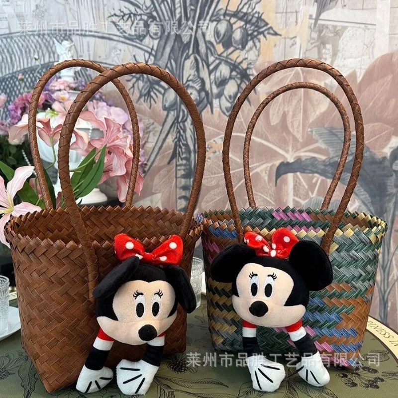 Hand-woven basket Mickey Minnie cartoon Kawai Tot new large capacity one-shoulder fashion vegetable basket bag handbag wholesale