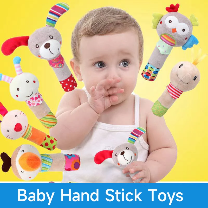 Baby Soft Rattle Toys Cartoon Animal Infant Hand Bell Toys Newborn Hand Bell Stick Toy Early Development Hand Grab Sensory Toys