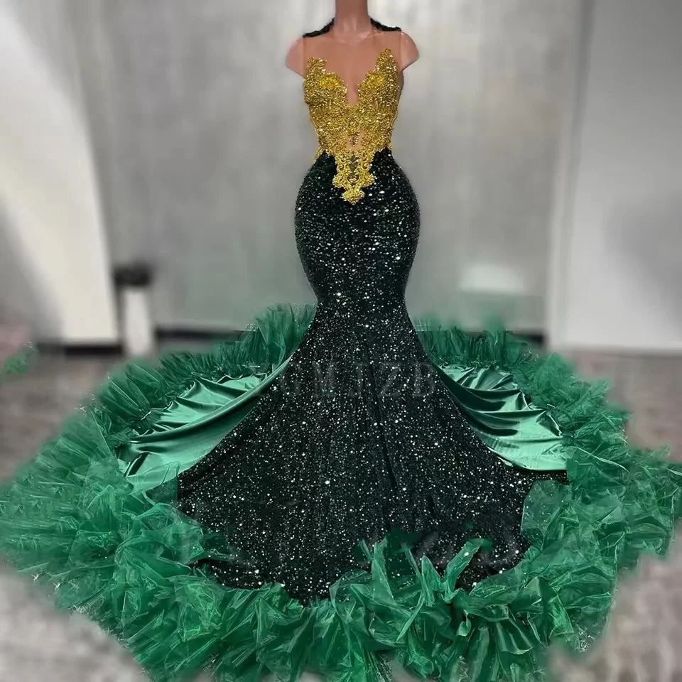 

Crystal Customized Prom Dresses Emerald Green 2025 Gold Beads Girls Formal Evening Gowns Mermaid Designer Graduation Party Robe