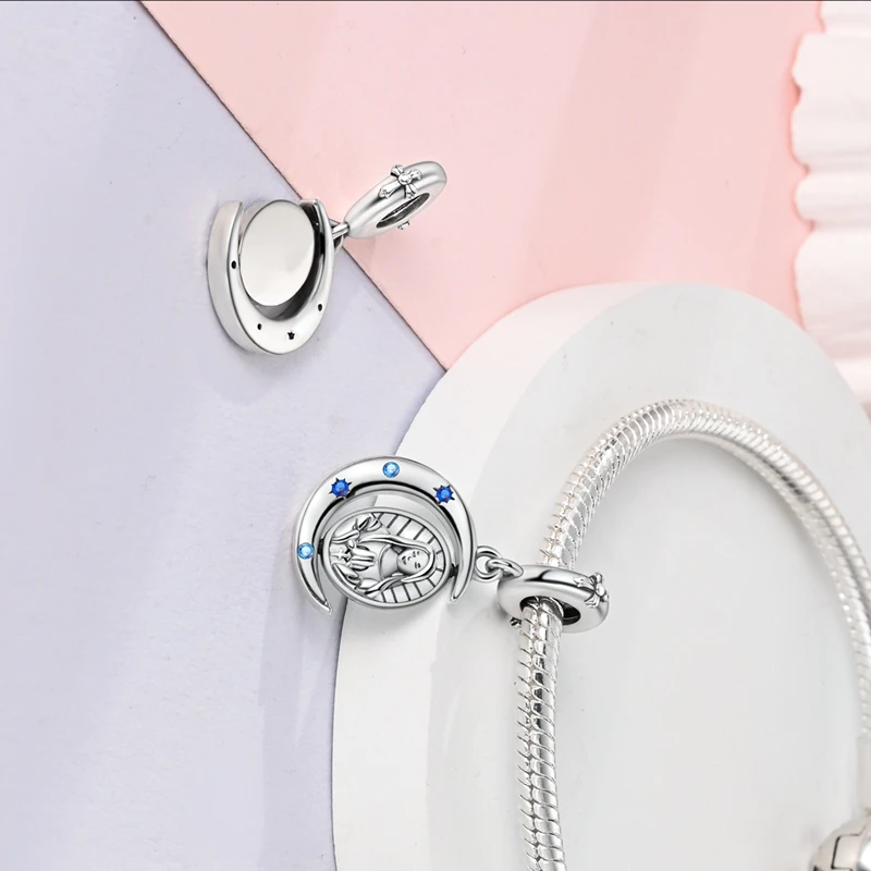 دلايات أصلية من الفضة الإسترليني عيار 925 مطلية بالقمر الأزرق ومريم العذراء أساور مناسبة للنساء لصنع المجوهرات هدايا رائعة