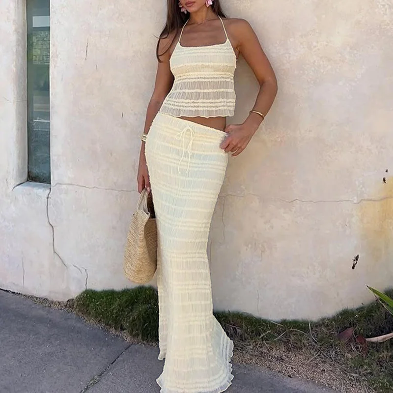 

Casual Backless Solid Holiday Outfits Sexy Halter Sleeveless Top and Long Skirt Suit Summer Hollow Pleated Slim Two Piece Sets