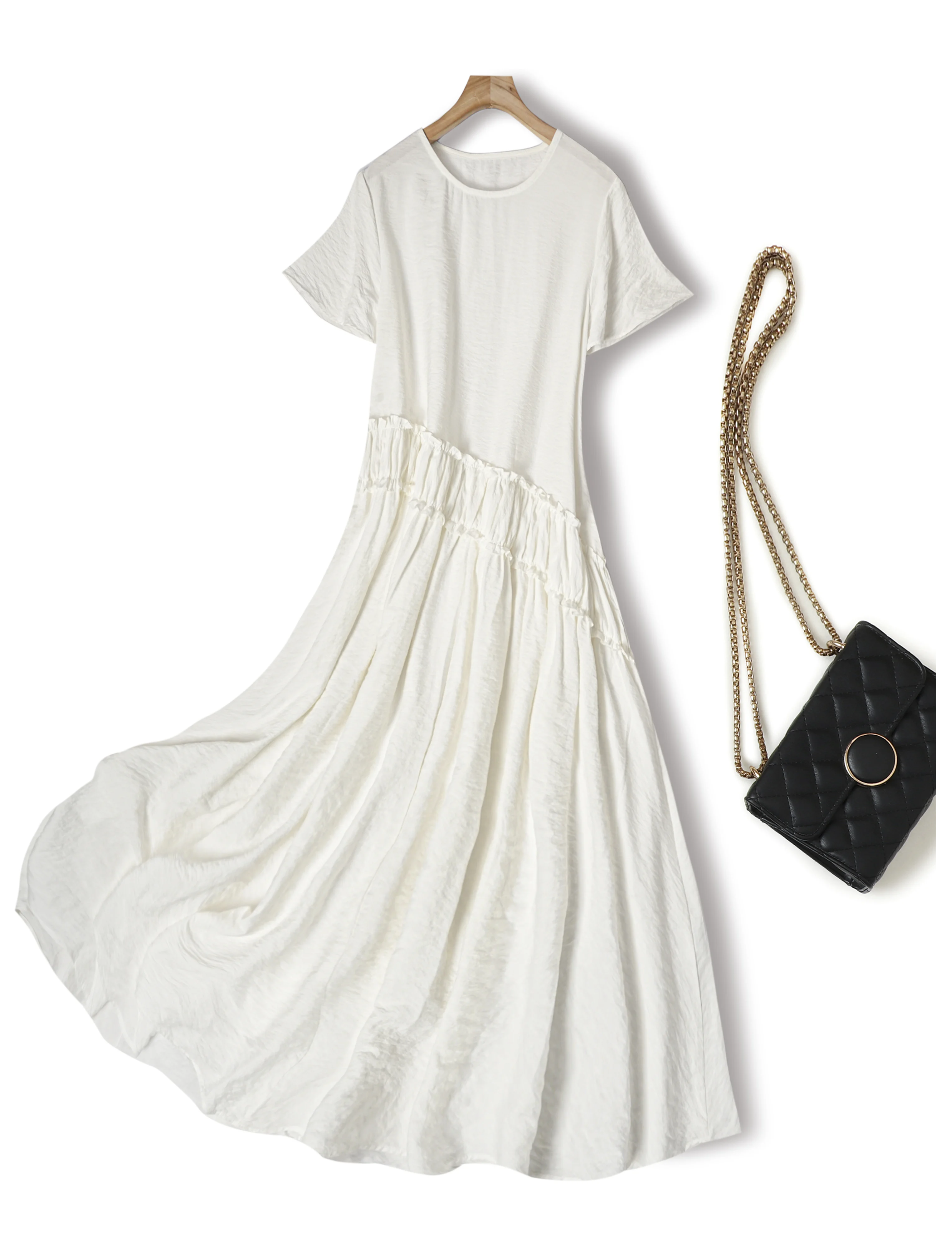 Lazy Style 76% Natural Mulberry Silk Dry Silk Retro White Vacation Style Inclined Waist Women's Casual Dress