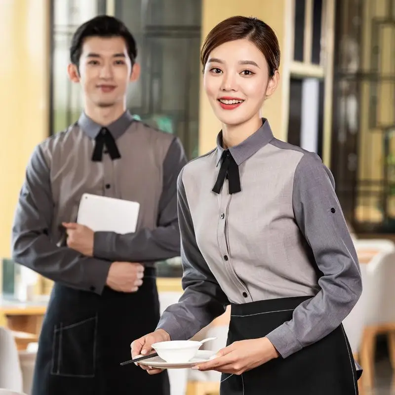 

Men Women Waiters Long Sleeve Working Clothes Shirt Apron Set Restaurant Catering Staff Spring Fashion Waitress Uniform