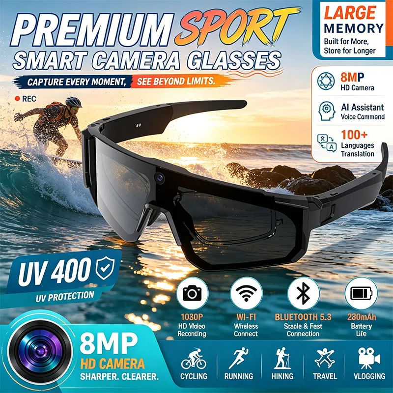New AI Smart Shooting&recording Glasses with 260mAh Battery HD Video 8MP Camera HD Anti-shake BT 5.3 Windproof Goggles Men Women