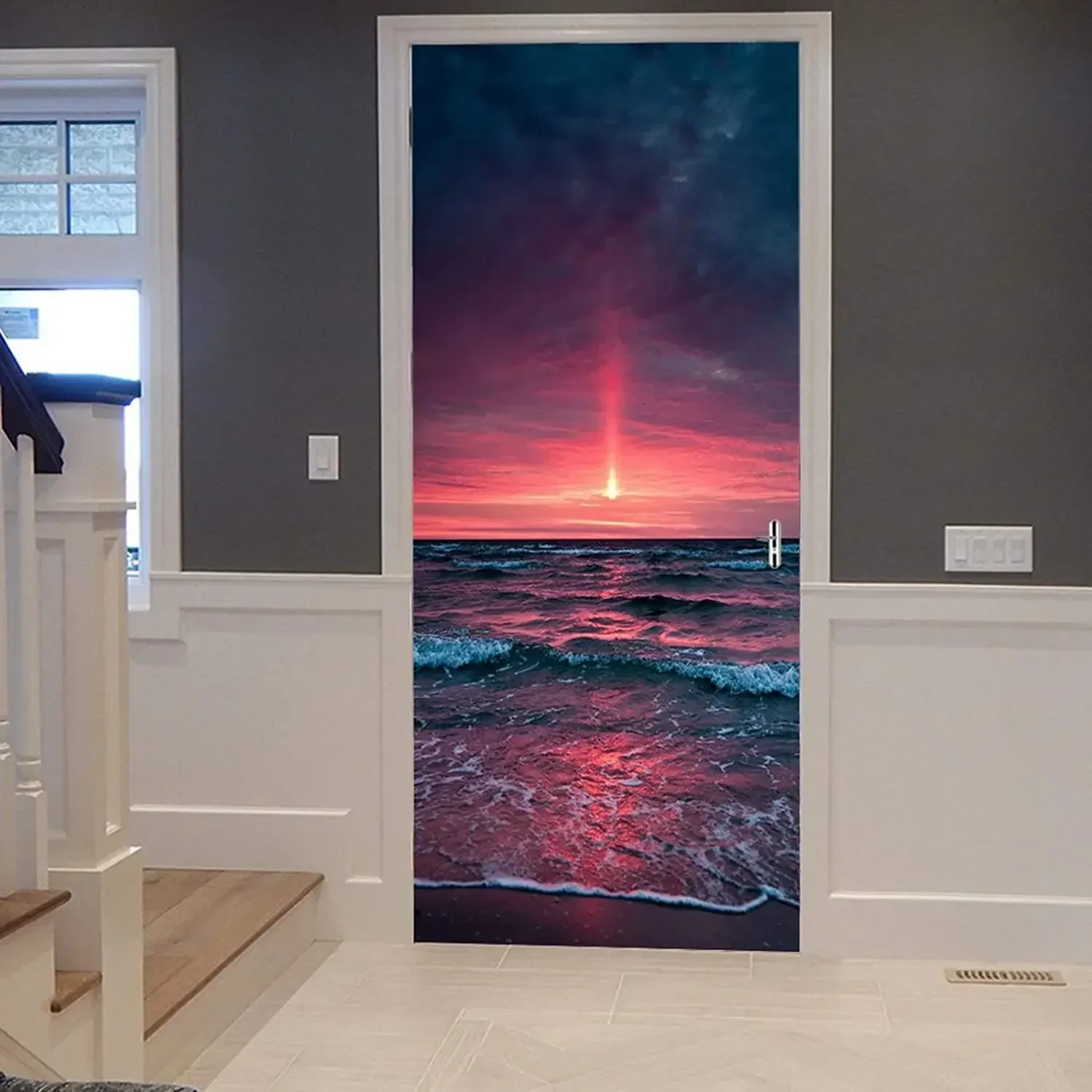 3d Waterfront Sunset Door Decal Ocean Landscape Decal Natural Ocean Landscape Mural Poster Wallpaper Family Bedroom Decoration
