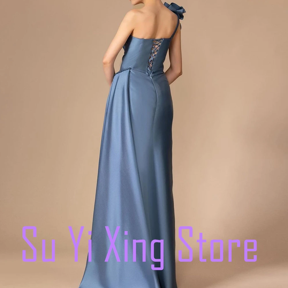 3D Flowers Lace Up Back Panel Train Pleats Ruched Sleeveless Satin One Shoulder Floor Length Side Slit A-Line Evening Dress 2024