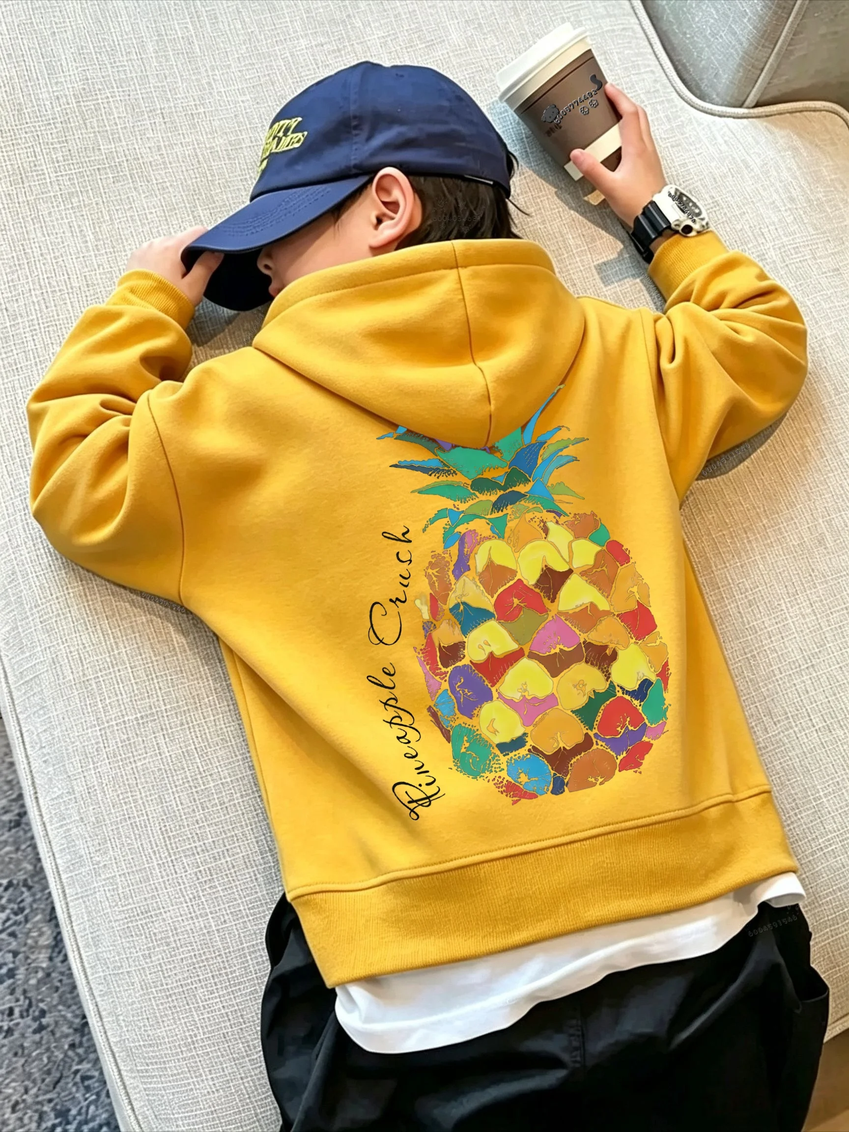 Korean version: Colorful pineapple print thick pullover, loose and casual children's top suitable for autumn and winter seasons