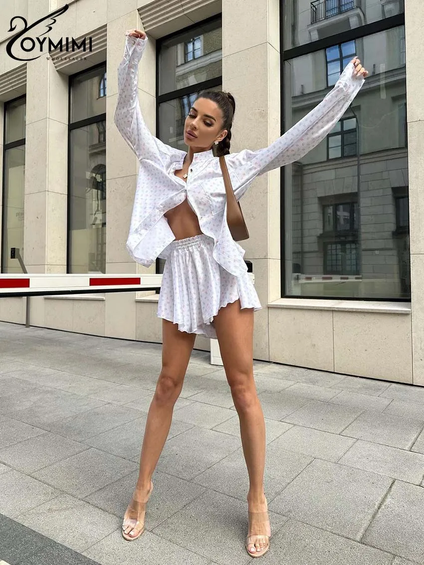 Oymimi Elegant White Print Sets For Women 2 Pieces Fashion Lapel Long Sleeve Button Shirts And High Waisted Side Slit Shorts Set