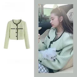 Sweet Fashion Tweed Jacket Women Temperament Round Neck Single Breasted Bright Line Solid Celebrity French Spring Chic Lady Coat