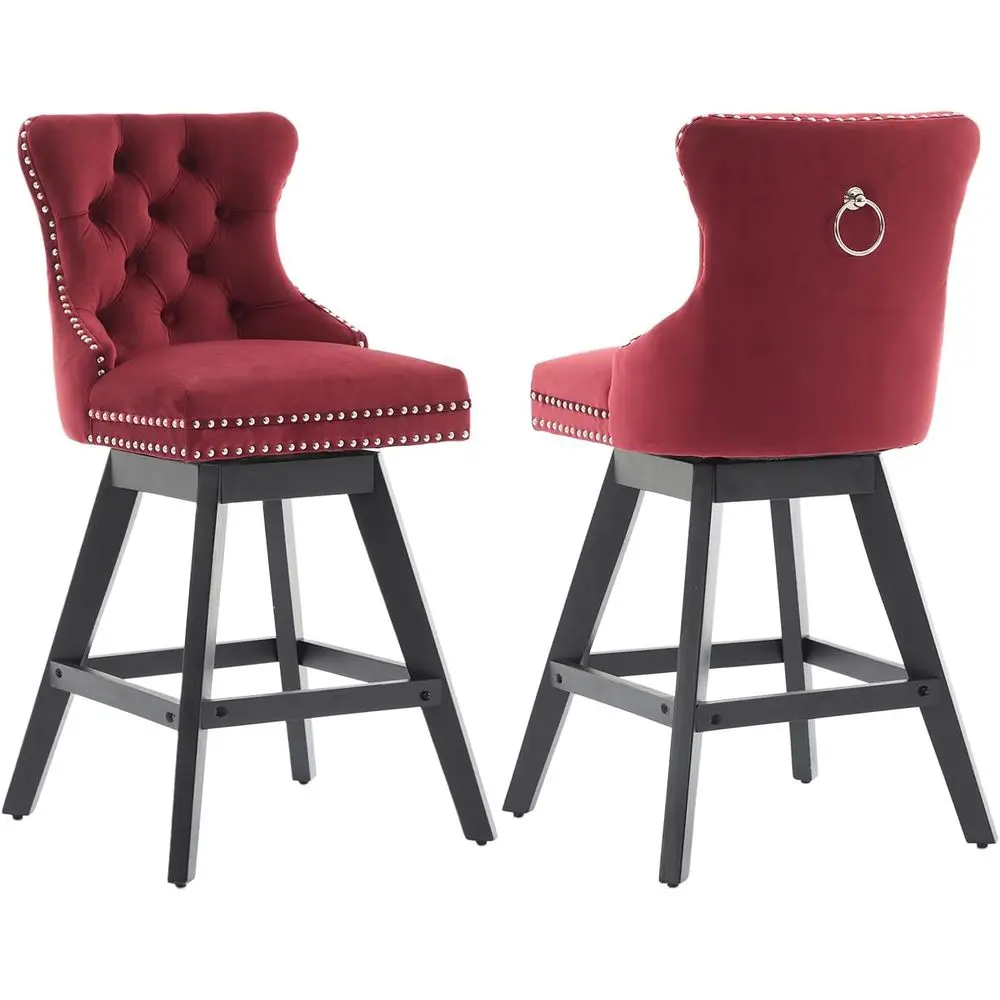 Swivel Counter Height Bar Stools Set of 2, Upholstered with Button-Tufted Back, Rivet Trim, Solid Wood Legs, 26 Seat Height, Win