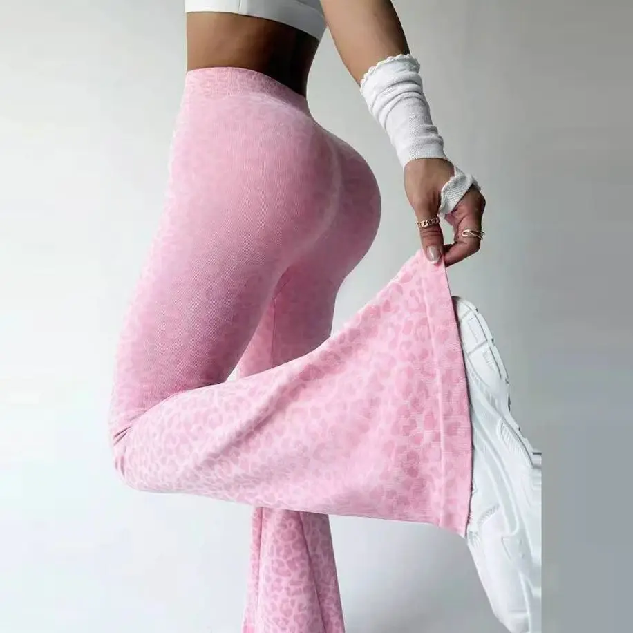 Leggings léopard évasés pour femmes, pantalons d'entraînement, de Fitness, de Yoga, froissés, collants de levage des fesses, taille haute