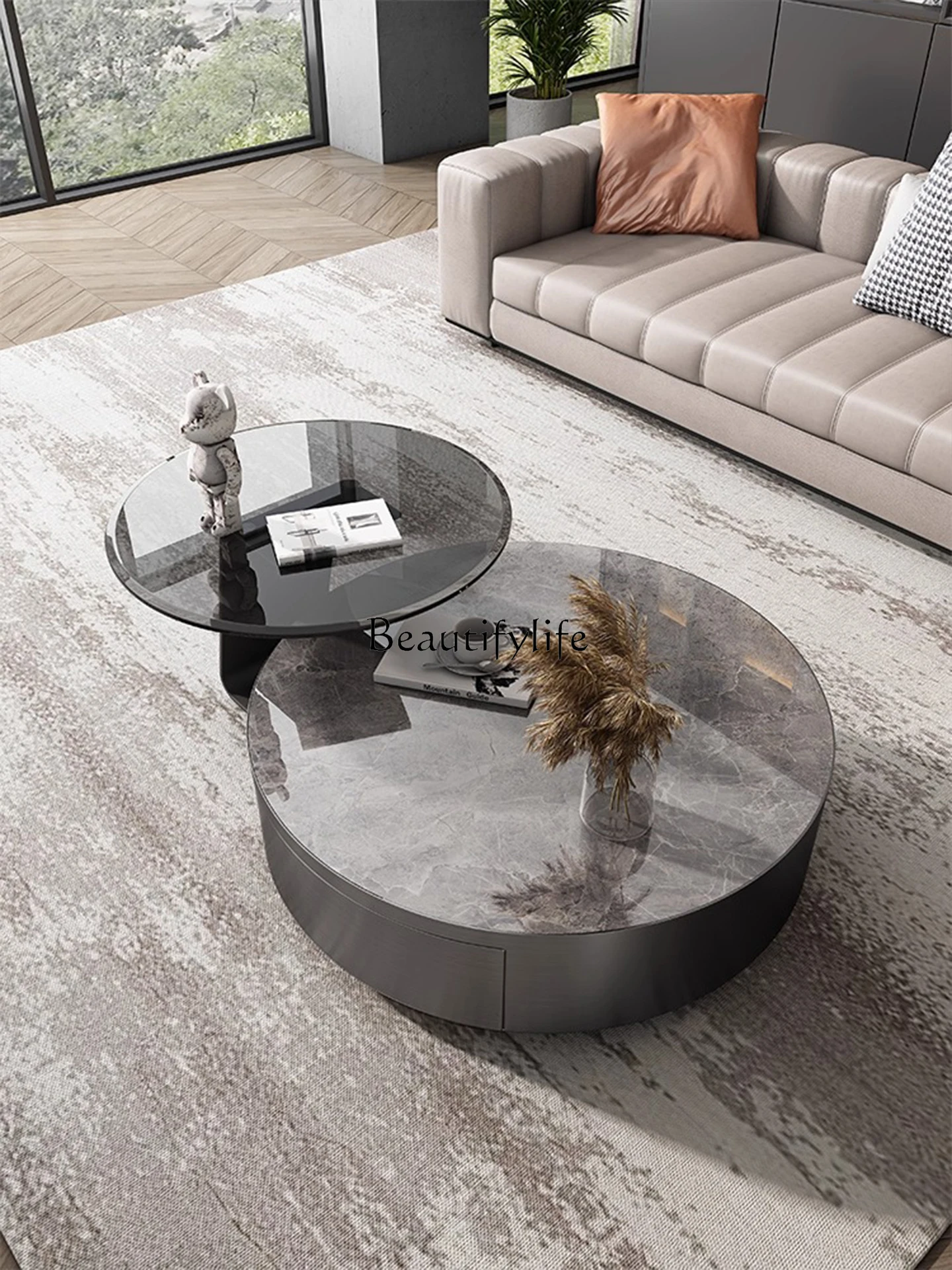 

Modern simple small apartment rock slab size round coffee table combination