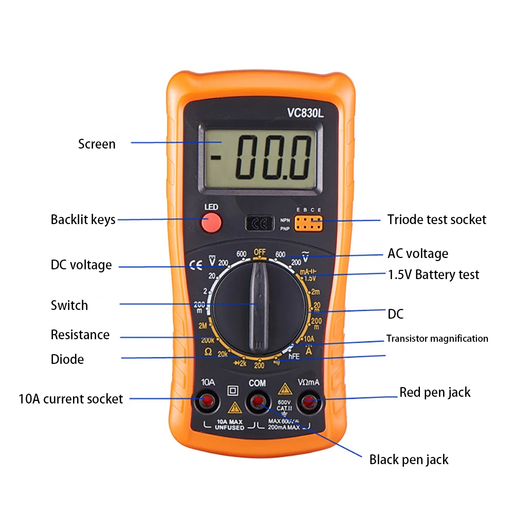 휴대용 LCD 백라이트 디지털 멀티미터, VC830L, AC/DC 전류계 전압계, 옴 전압 테스터 미터, 멀티메트로