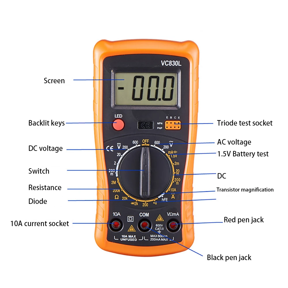 Imagem -06 - Multímetro Digital Handheld Lcd Backlight Amperímetro ac dc Portátil Voltímetro Ohm Tester Voltagem Medidor Vc830l