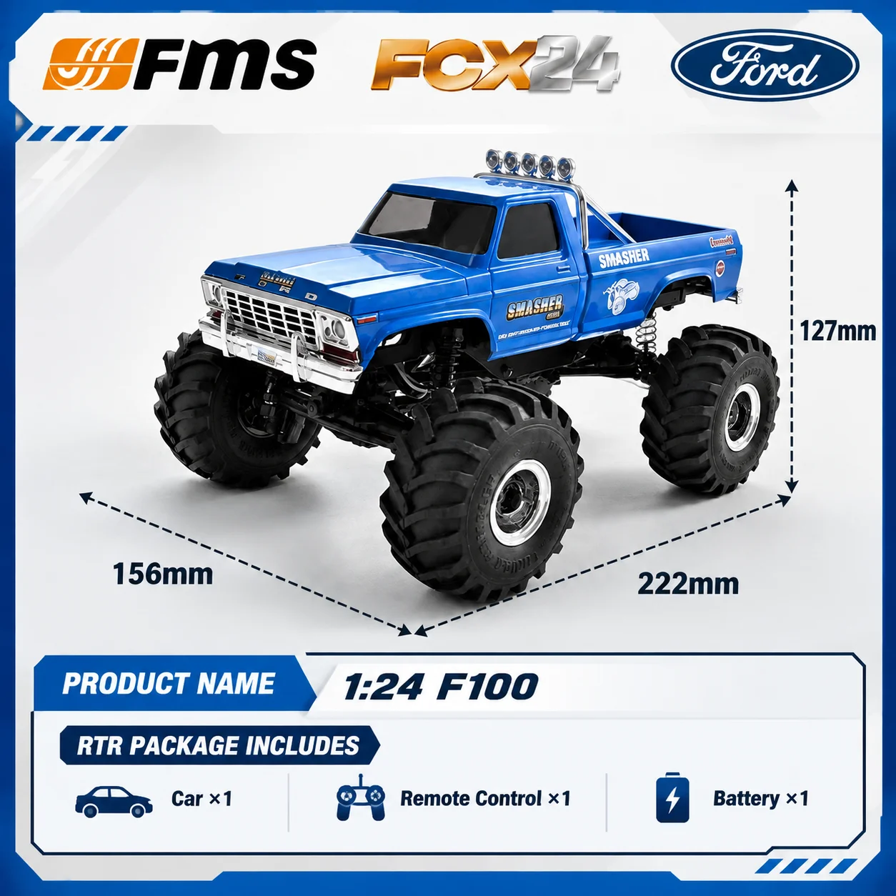 Fms Climbing Car 1/24 Ford F100 Magnetic Adhesive Car Shell Simulation Pickup Truck Model Small-Scale Remote Control Rc Off-Road